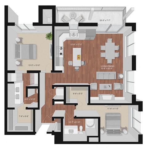 Floor plan for 2 beds, 2 baths, 1330 sqft